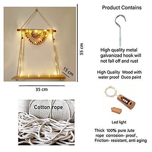 VAH Macrame Wall Hanging Shelf with Rope - Set of 1 Wood Shelf with LED Light - Image 2