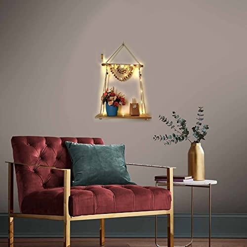 VAH Macrame Wall Hanging Shelf with Rope - Set of 1 Wood Shelf with LED Light - Image 3
