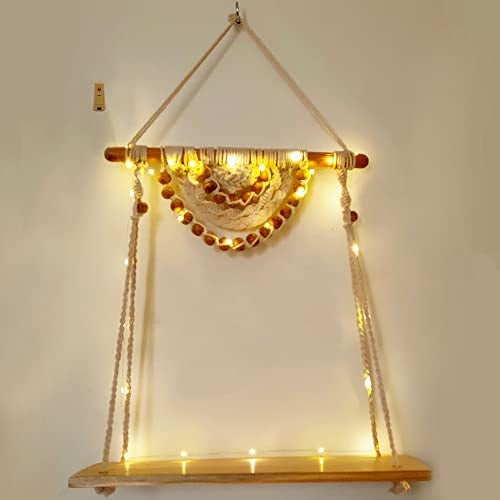 VAH Macrame Wall Hanging Shelf with Rope - Set of 1 Wood Shelf with LED Light - Image 4