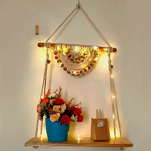 VAH Macrame Wall Hanging Shelf with Rope - Set of 1 Wood Shelf with LED Light - Image 1