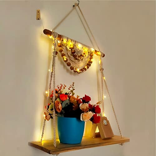 VAH Macrame Wall Hanging Shelf with Rope - Set of 1 Wood Shelf with LED Light - Image 5