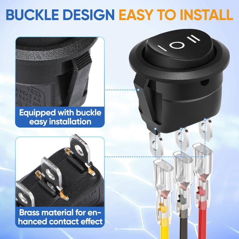 XINYIELE 12 Volt 3 Way Round Rocker Switch,3 Position ON/Off/ON Rocker Switch,3 Pin 6A/250V AC 10A/125V DC SPST Circle Toggle Switch Button with Wires for Car Stereo Marine Boat(ON-Off-ON,5Pcs - Image 3