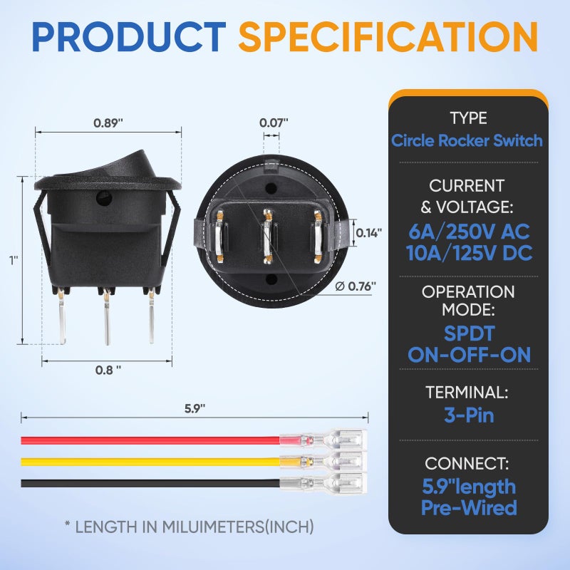 XINYIELE 12 Volt 3 Way Round Rocker Switch,3 Position ON/Off/ON Rocker Switch,3 Pin 6A/250V AC 10A/125V DC SPST Circle Toggle Switch Button with Wires for Car Stereo Marine Boat(ON-Off-ON,5Pcs - Image 2