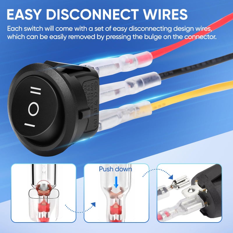 XINYIELE 12 Volt 3 Way Round Rocker Switch,3 Position ON/Off/ON Rocker Switch,3 Pin 6A/250V AC 10A/125V DC SPST Circle Toggle Switch Button with Wires for Car Stereo Marine Boat(ON-Off-ON,5Pcs - Image 4