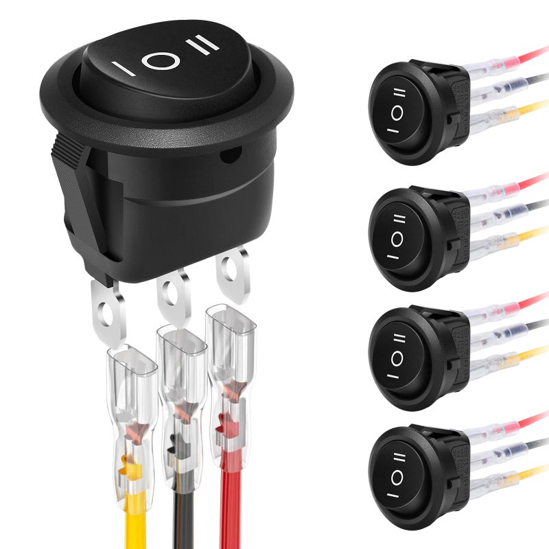 XINYIELE 12 Volt 3 Way Round Rocker Switch,3 Position ON/Off/ON Rocker Switch,3 Pin 6A/250V AC 10A/125V DC SPST Circle Toggle Switch Button with Wires for Car Stereo Marine Boat(ON-Off-ON,5Pcs - Image 1