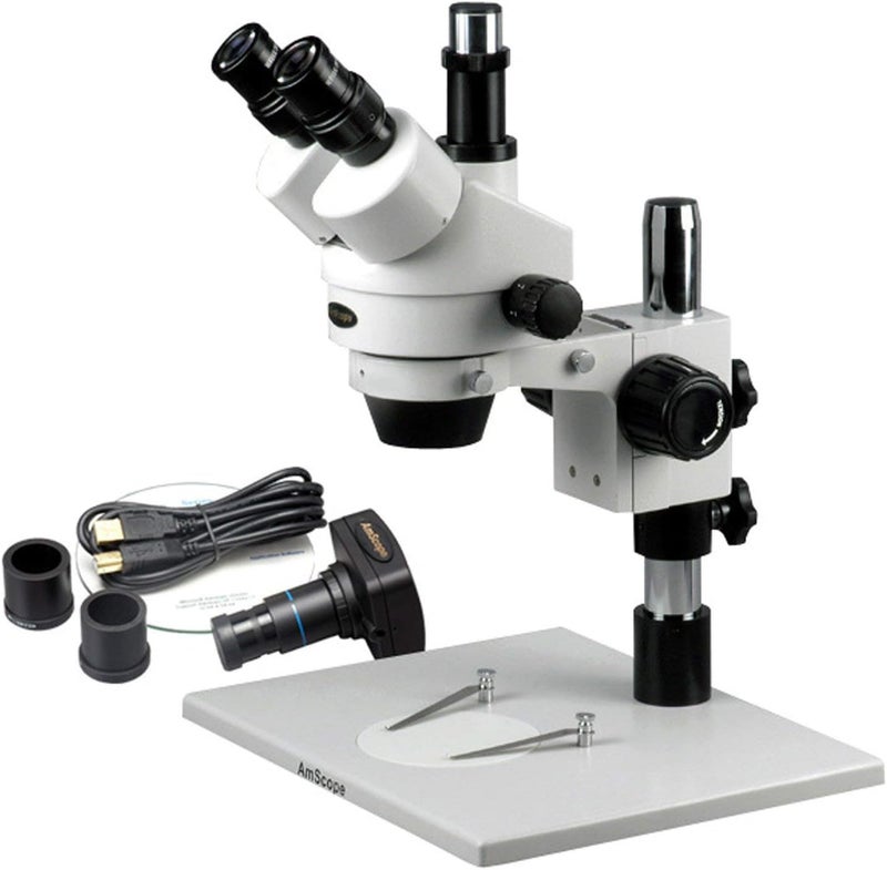AmScope AmScope SM1TZFRLM Digital Professional Trinocular Stereo Zoom Microscope WH10x Eyepieces 35X90X Magnification 07X45X Zoom Objective 8W Fluorescent Ring Light Large PillarStyle Table Stand 110V120V Includes 05X and 20X Barlow Lenses and 13MP Camera with Reduction Lens and Software  - Image 1