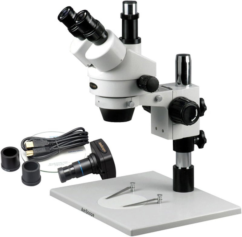 AmScope AmScope SM1TZFRLM Digital Professional Trinocular Stereo Zoom Microscope WH10x Eyepieces 35X90X Magnification 07X45X Zoom Objective 8W Fluorescent Ring Light Large PillarStyle Table Stand 110V120V Includes 05X and 20X Barlow Lenses and 13MP Camera with Reduction Lens and Software  - Image 4