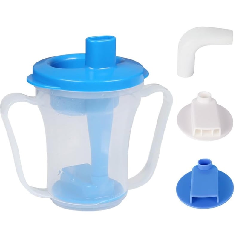 Ehucon dysphagia regulating drinking cup for elderly with difficulty swallowingwith 5cc and 10cc sip cupassistive devices liquids onlyNo thickener is Used TransparentBluePack of 1 PC