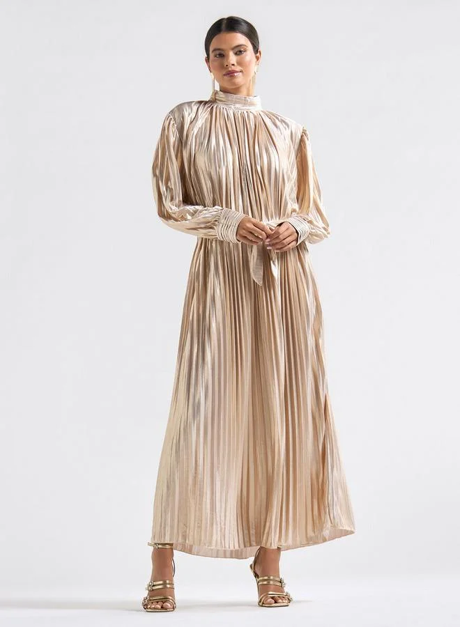 Splash FAV Pleated High Neck A-line Dress with Long Sleeves and Tie-Up Belt