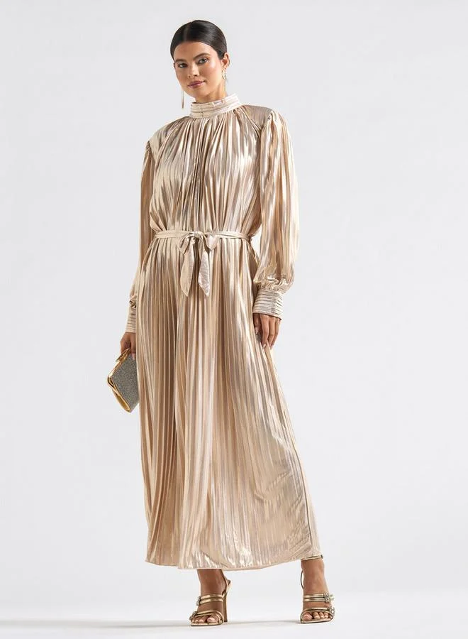 Splash FAV Pleated High Neck A-line Dress with Long Sleeves and Tie-Up Belt