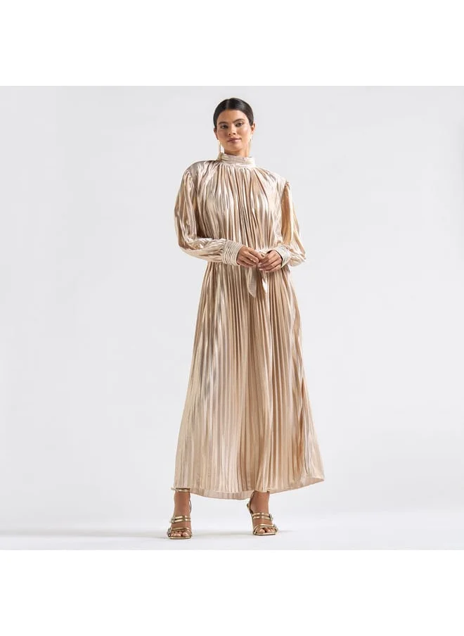 FAV Pleated High Neck A-line Dress with Long Sleeves and Tie-Up Belt