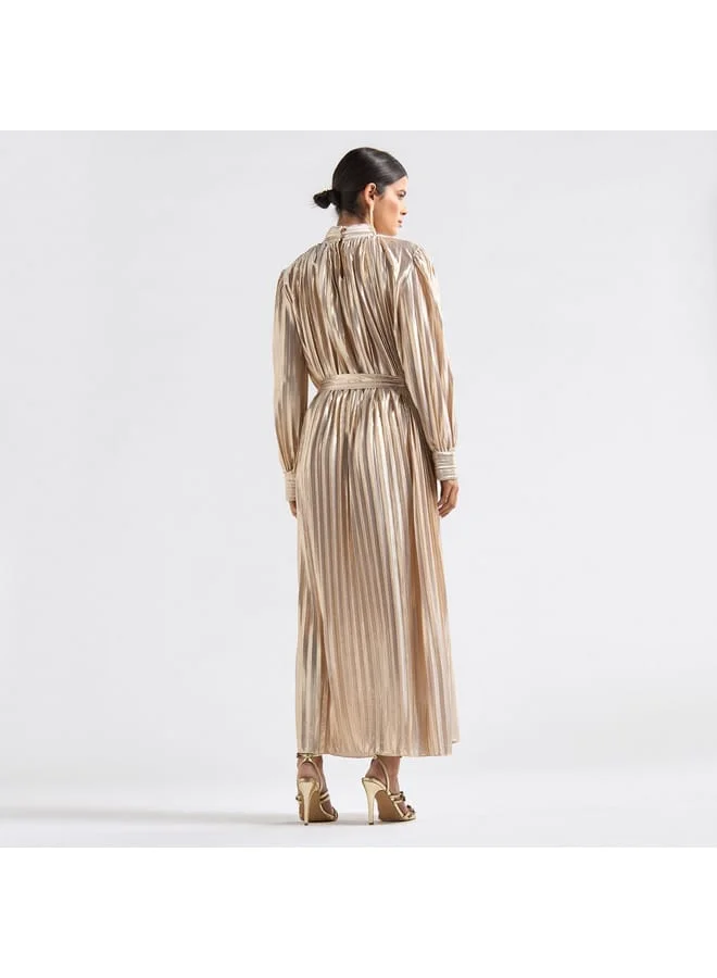 Splash FAV Pleated High Neck A-line Dress with Long Sleeves and Tie-Up Belt