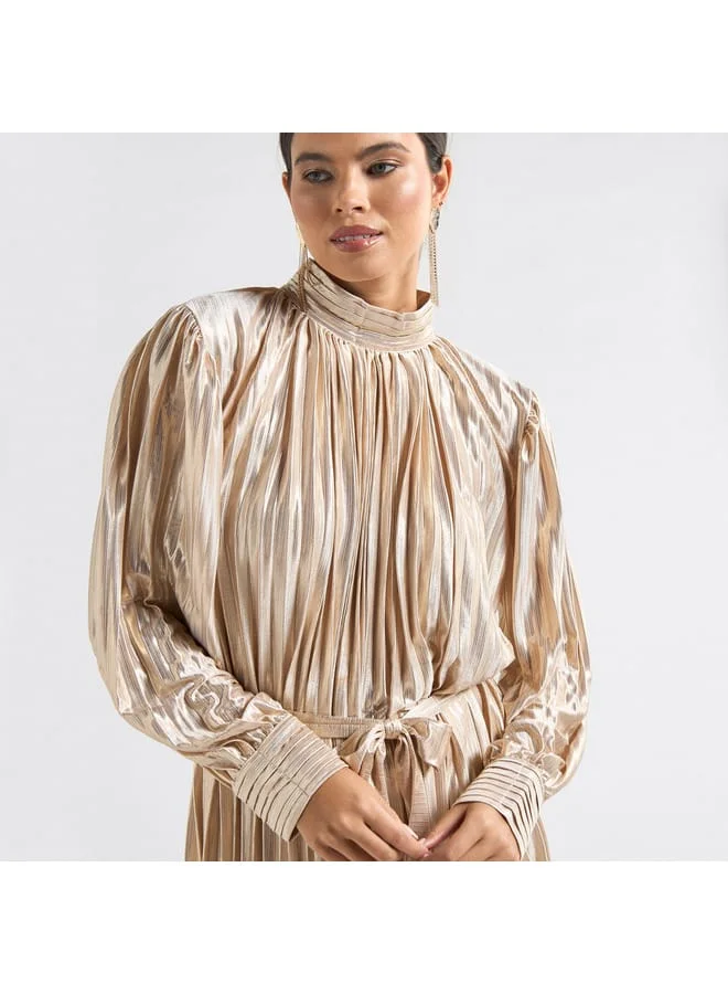 Splash FAV Pleated High Neck A-line Dress with Long Sleeves and Tie-Up Belt