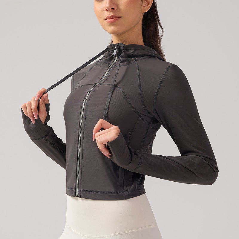 Generic Summer New Slim-fit Breathable Collar Sun Protection Clothing Sports Yoga Quick-drying Tight Nylon Outdoor Sports Jacket for Women Graphite gray 