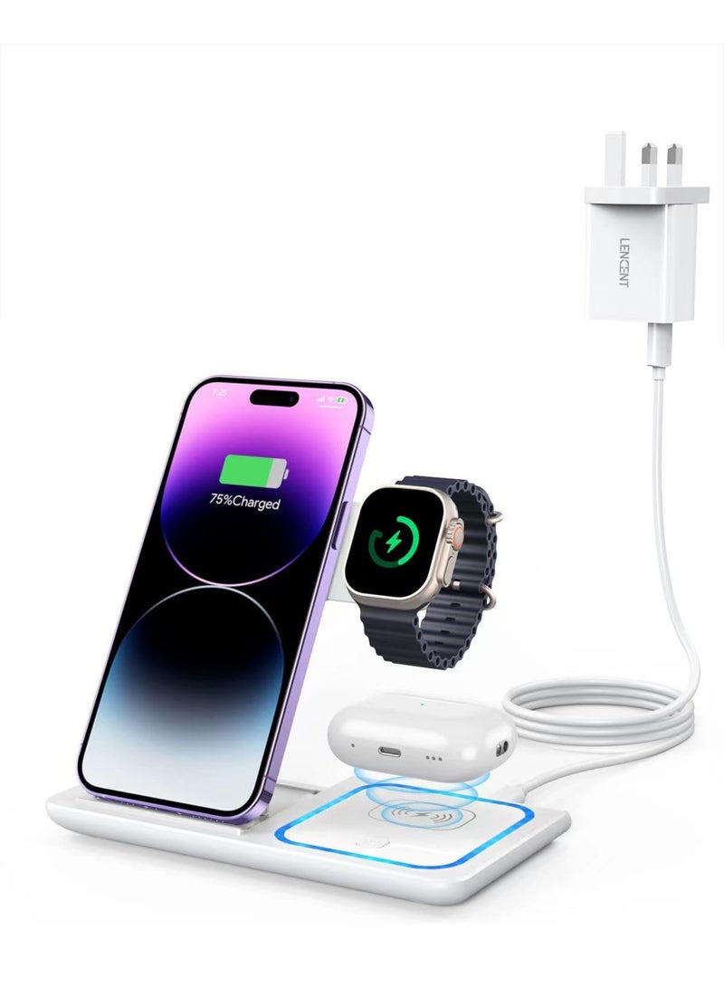 onikuma 3-in-1 Wireless Charging Station for Apple & Samsung | Fast Charger Stand for iPhone 14 13 12 11 Pro Max XS 8, AirPods 3/2/Pro, iWatch 8-2 | Foldable Dock | Portable & Compact – White  - Image 1