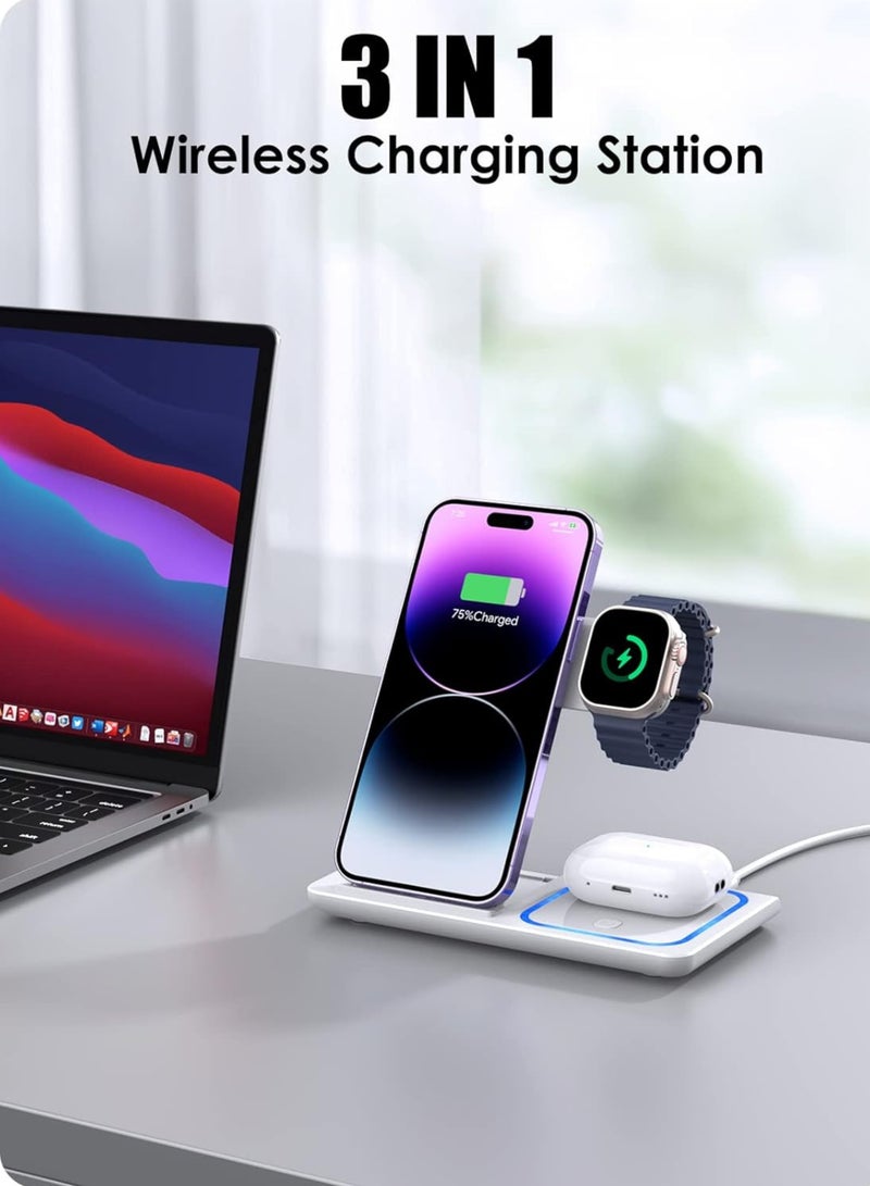 onikuma 3-in-1 Wireless Charging Station for Apple & Samsung | Fast Charger Stand for iPhone 14 13 12 11 Pro Max XS 8, AirPods 3/2/Pro, iWatch 8-2 | Foldable Dock | Portable & Compact – White  - Image 2
