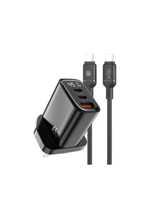 FIFTH ELEMENT PULSE Firefly 45W GaN 3-Port USB-C Fast Charger with Digital Power Display, Multi-Device PD Wall Adapter – Black - Image 1