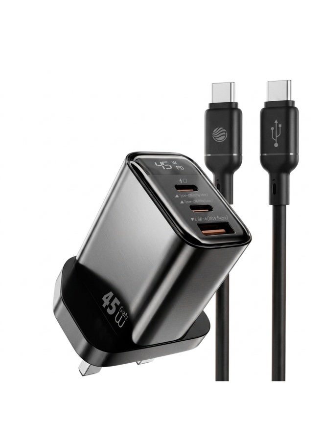 فيفث إيليمنت شاحن حائط FIFTH ELEMENT PULSE Firefly بتقنية GaN بقدرة 45 واط مع 3 منافذ USB‑C مزود بشاشة رقمية لعرض الطاقة، ويدعم شحن أجهزة متعددة بتقنية PD – اللون الأسود - Image 1