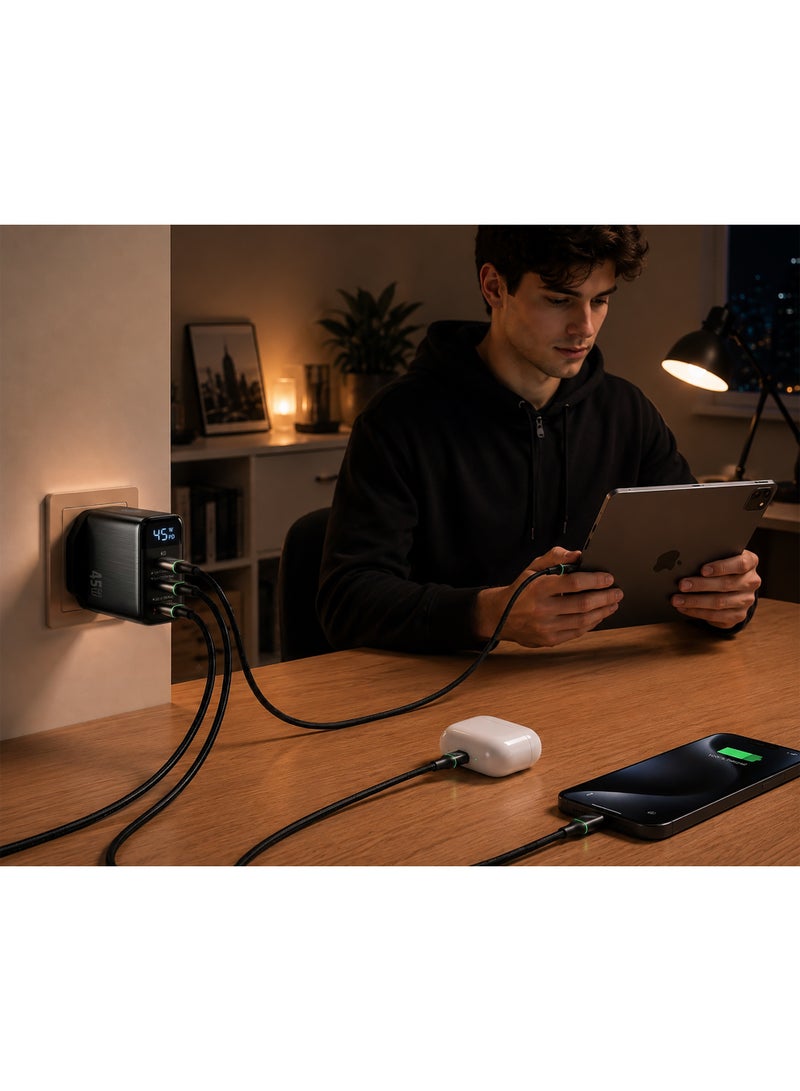 فيفث إيليمنت شاحن حائط FIFTH ELEMENT PULSE Firefly بتقنية GaN بقدرة 45 واط مع 3 منافذ USB‑C مزود بشاشة رقمية لعرض الطاقة، ويدعم شحن أجهزة متعددة بتقنية PD – اللون الأسود - Image 2