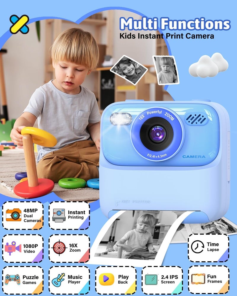 Mgaolo Kids Camera Instant Print Photo,Children Digital Camera Toys Gift with HD Video for Girls Boys 3-12 Age,Chritmas Birthday Festival Present for 3 4 5 6 7 8 9 Year Old Child (Blue) - Image 2