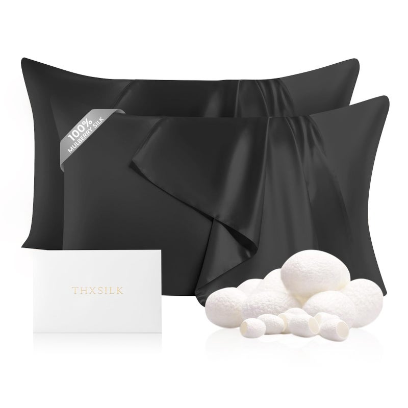 THXSILK Set of 2 Mulberry Silk Pillowcases  100 Pure Mulberry Silk  22 Momme 6A HighGrade Fibers  Pillowcases for Hair and Skin  King Size Silk Pillow Case with Hidden Zipper  Black