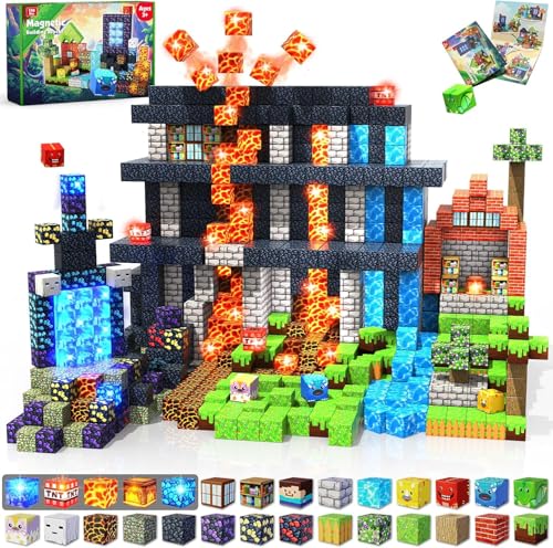 GraceDuck Magnetic Blocks 150 PCS Dinosaur Volcano Forest Castle Set with Light Up Blocks Kids Classroom Sensory Toy for Toddlers STEM Construction Stacking Toy Kids 3 Boys Easter Basket Stuffers - Image 1