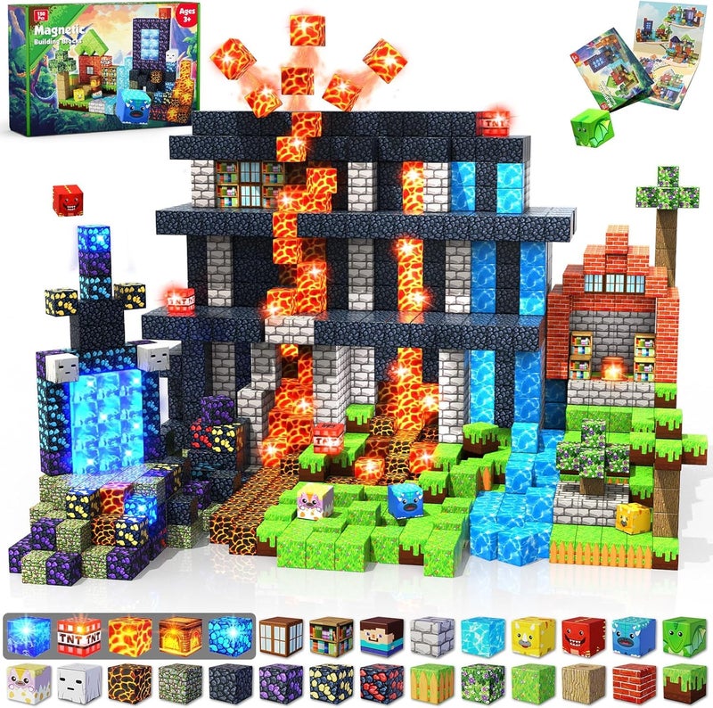 GraceDuck Magnetic Blocks 150 PCS Dinosaur Volcano Forest Castle Set with Light Up Blocks Kids Classroom Sensory Toy for Toddlers STEM Construction Stacking Toy Kids 3 Boys Easter Basket Stuffers - Image 2