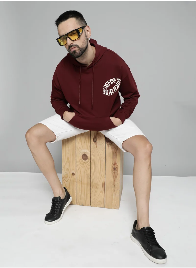 مانياك Maniac Mens Hooded Fullsleeve Printed Burgundy Cotton Fleece Sweatshirt