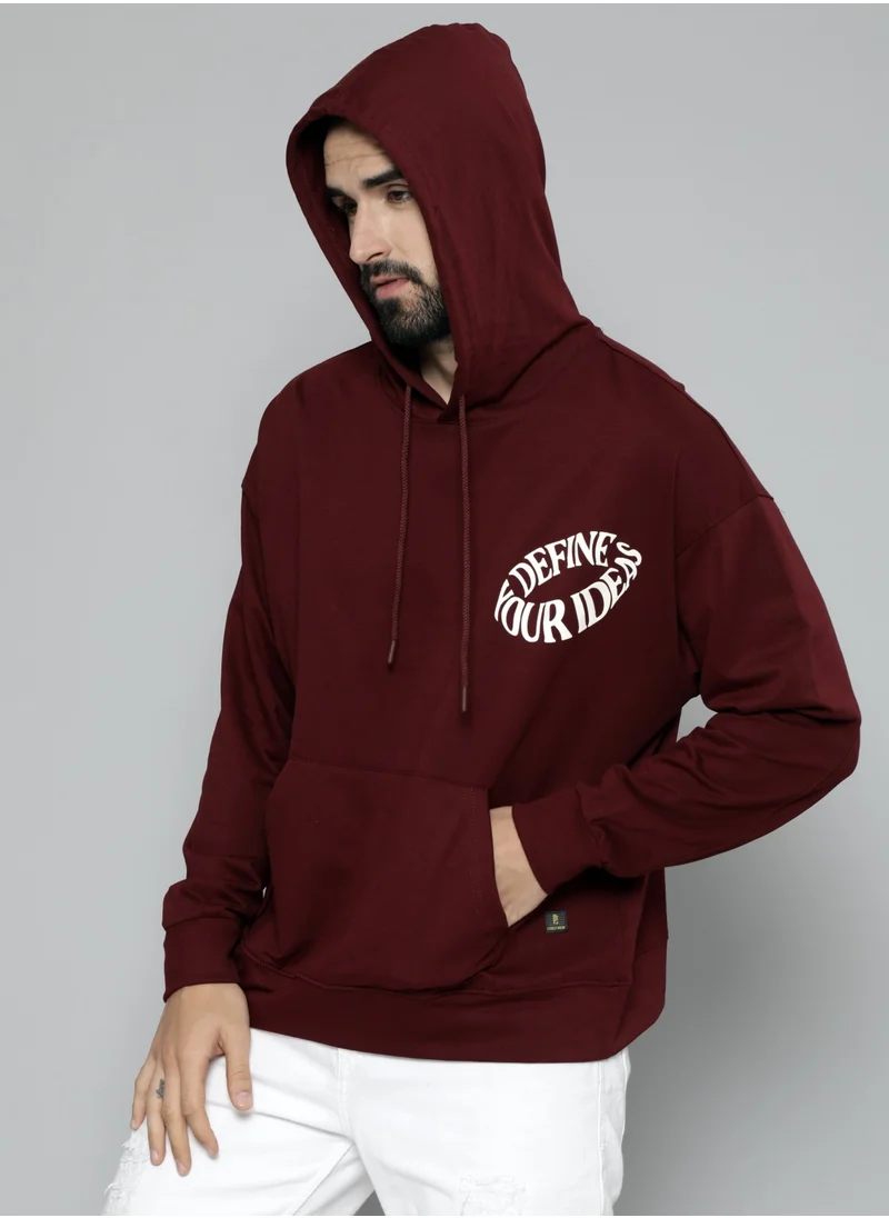 مانياك Maniac Mens Hooded Fullsleeve Printed Burgundy Cotton Fleece Sweatshirt