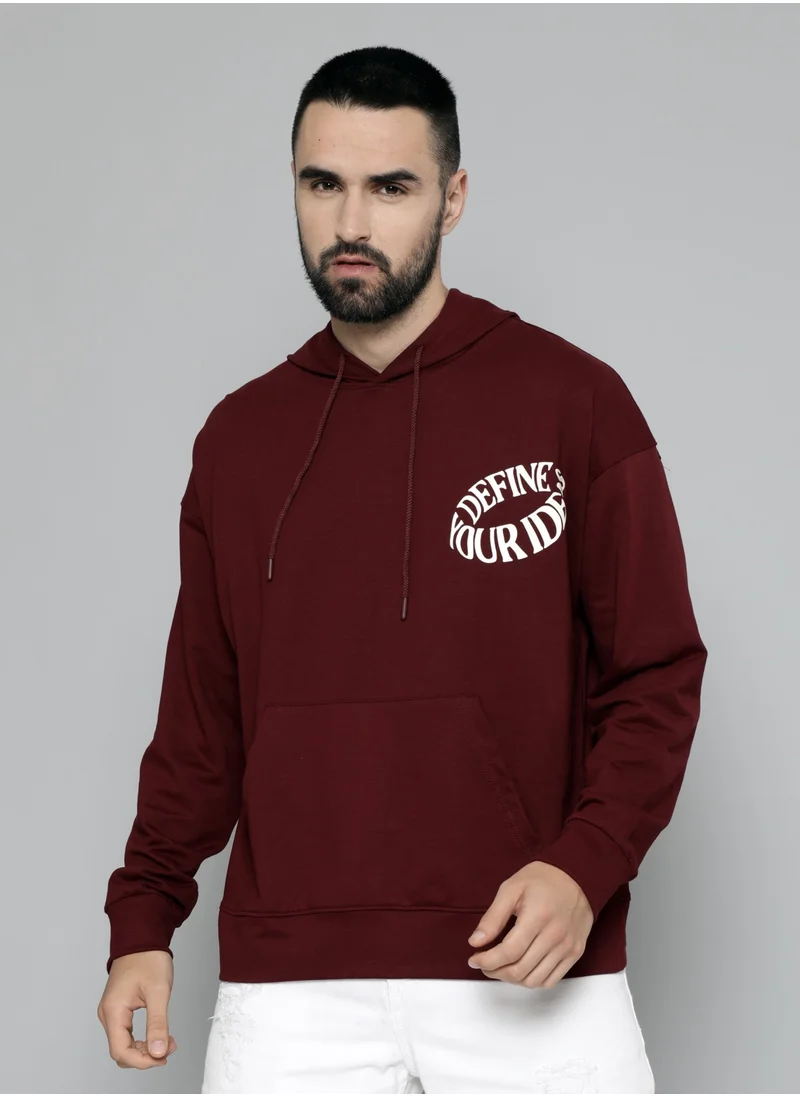 مانياك Maniac Mens Hooded Fullsleeve Printed Burgundy Cotton Fleece Sweatshirt