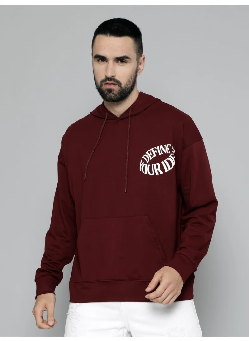 مانياك Maniac Mens Hooded Fullsleeve Printed Burgundy Cotton Fleece Sweatshirt