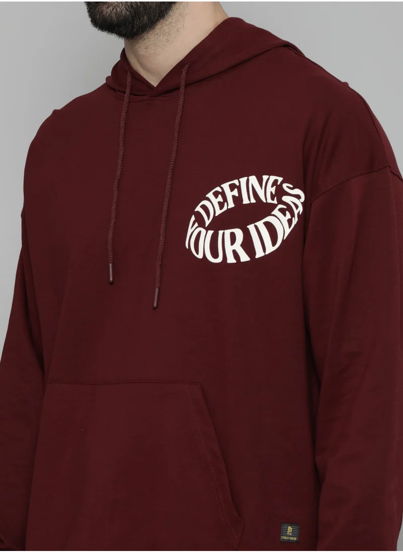 مانياك Maniac Mens Hooded Fullsleeve Printed Burgundy Cotton Fleece Sweatshirt