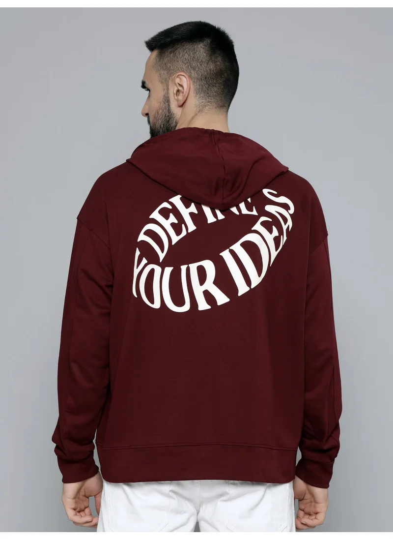 مانياك Maniac Mens Hooded Fullsleeve Printed Burgundy Cotton Fleece Sweatshirt