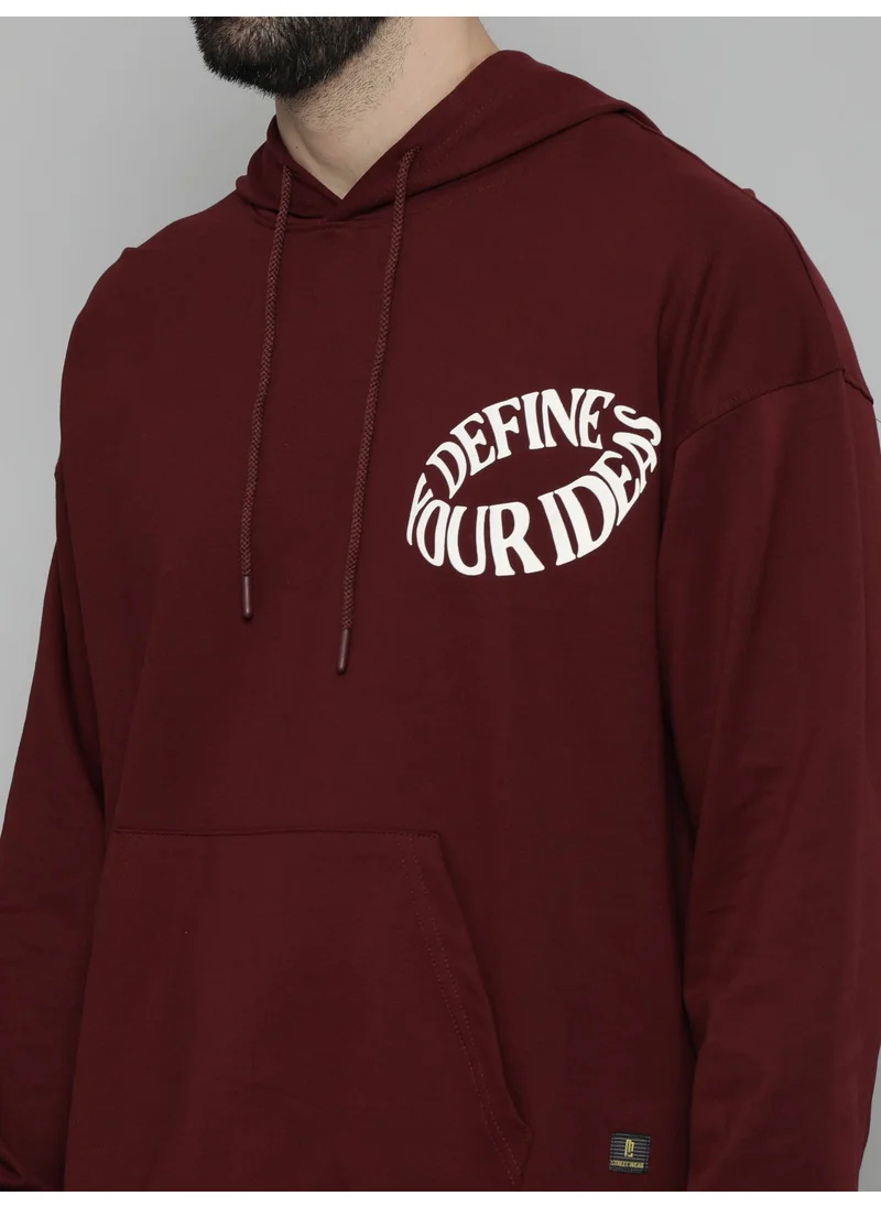 مانياك Maniac Mens Hooded Fullsleeve Printed Burgundy Cotton Fleece Sweatshirt