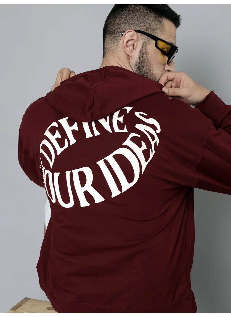 مانياك Maniac Mens Hooded Fullsleeve Printed Burgundy Cotton Fleece Sweatshirt