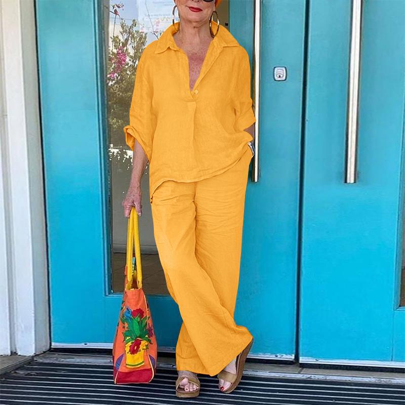 and Cross-Border Independent Site 2026 Spring/Summer 3/4 Sleeve Turn-Down Collar Solid Color Shirt and Wide-Leg Pants Two-Piece Set - Image 3