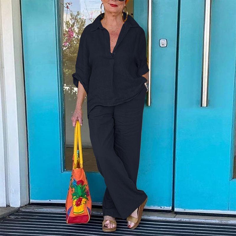 and Cross-Border Independent Site 2026 Spring/Summer 3/4 Sleeve Turn-Down Collar Solid Color Shirt and Wide-Leg Pants Two-Piece Set - Image 5