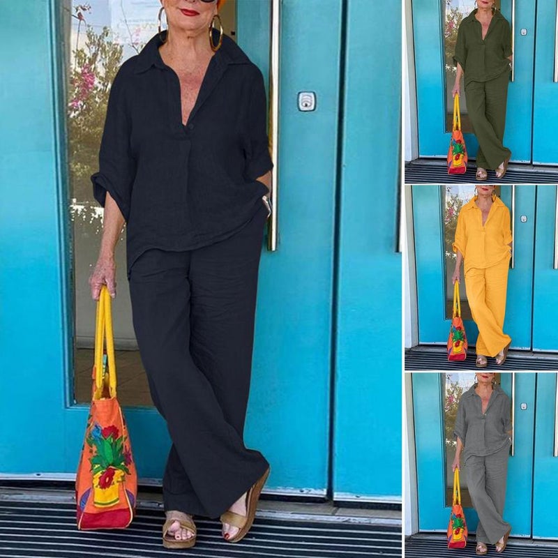 and Cross-Border Independent Site 2026 Spring/Summer 3/4 Sleeve Turn-Down Collar Solid Color Shirt and Wide-Leg Pants Two-Piece Set - Image 2