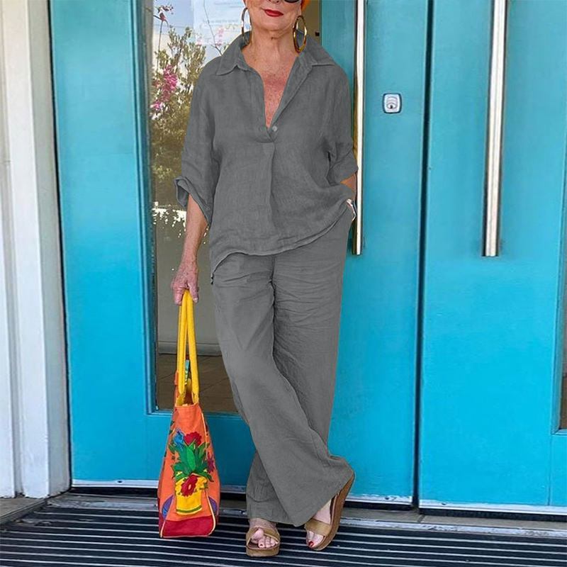 and Cross-Border Independent Site 2026 Spring/Summer 3/4 Sleeve Turn-Down Collar Solid Color Shirt and Wide-Leg Pants Two-Piece Set - Image 4