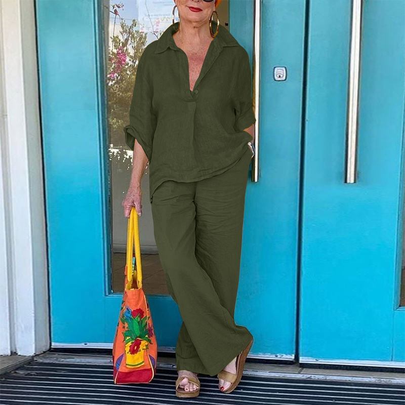 and Cross-Border Independent Site 2026 Spring/Summer 3/4 Sleeve Turn-Down Collar Solid Color Shirt and Wide-Leg Pants Two-Piece Set - Image 1