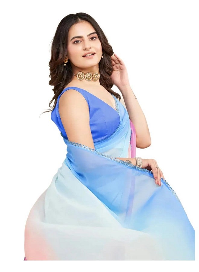 avantika fashion Avantika Fashion Women's Pastel Rainbow Ombre Saree with Blue Blouse - Georgette Saree with Designer Lace Border (BLUE)  - Image 1