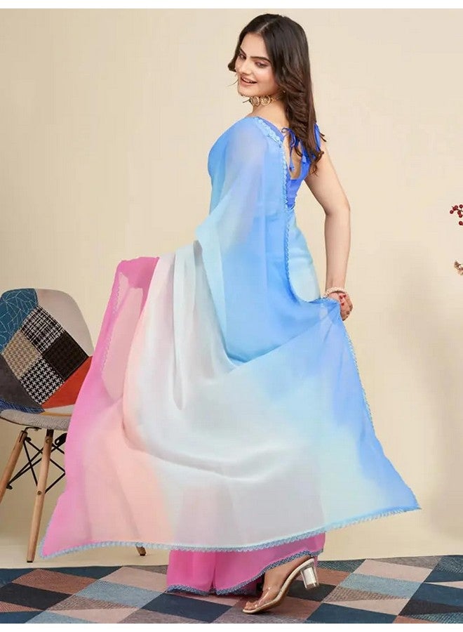 avantika fashion Avantika Fashion Women's Pastel Rainbow Ombre Saree with Blue Blouse - Georgette Saree with Designer Lace Border (BLUE)  - Image 5