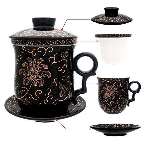 Tea Talent Porcelain Tea Cup with Infuser Lid and Saucer Sets - Chinese Jingdezhen Ceramics Coffee Mug Teacup Loose Leaf Tea Brewing System for Home Office - Image 1