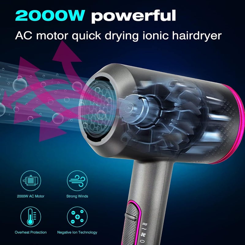 Professional Hair Dryer, 2000W Powerful Ionic Hairdryer with Diffuser Blow Dryer with 2 Speeds, 3 Heating and Cool Button for Women Man Home Travel Salon Curly and Straight Hair - Image 5