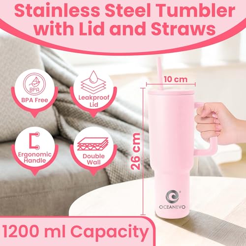 OCEANEVO 1200 ML Stainless Steel Tumbler with Lid and 3 Straws, Double Insulated Cup with Handle for Hot and Cold Beverages, 100% Leakproof Mug for Office, Gym, and Travel | Rose Pink - Image 2