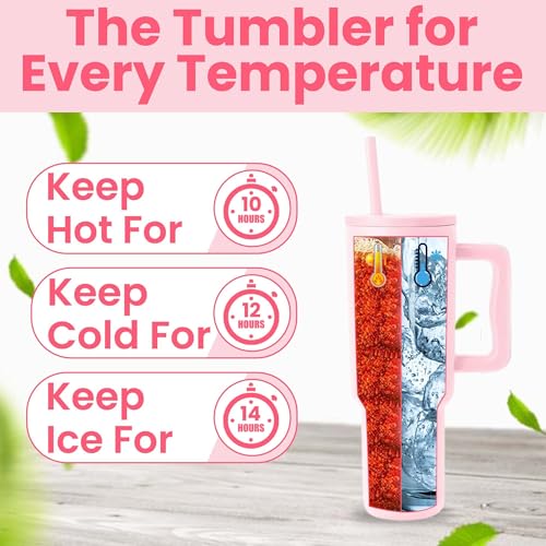OCEANEVO 1200 ML Stainless Steel Tumbler with Lid and 3 Straws, Double Insulated Cup with Handle for Hot and Cold Beverages, 100% Leakproof Mug for Office, Gym, and Travel | Rose Pink - Image 4