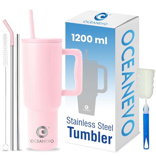 OCEANEVO 1200 ML Stainless Steel Tumbler with Lid and 3 Straws, Double Insulated Cup with Handle for Hot and Cold Beverages, 100% Leakproof Mug for Office, Gym, and Travel | Rose Pink - Image 1
