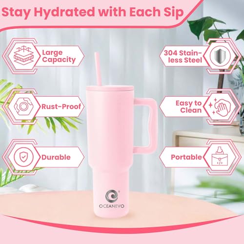 OCEANEVO 1200 ML Stainless Steel Tumbler with Lid and 3 Straws, Double Insulated Cup with Handle for Hot and Cold Beverages, 100% Leakproof Mug for Office, Gym, and Travel | Rose Pink - Image 3