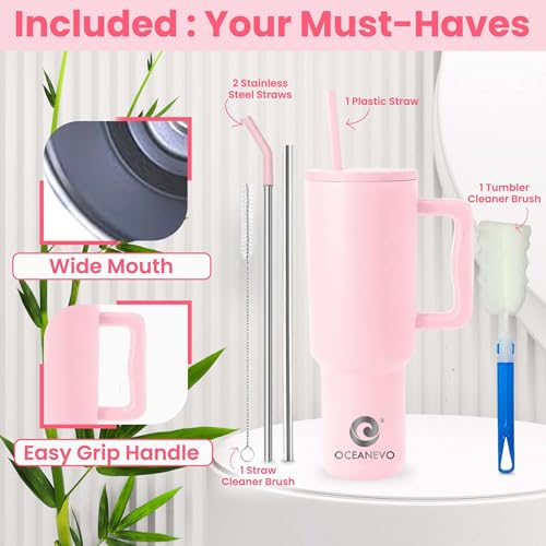 OCEANEVO 1200 ML Stainless Steel Tumbler with Lid and 3 Straws, Double Insulated Cup with Handle for Hot and Cold Beverages, 100% Leakproof Mug for Office, Gym, and Travel | Rose Pink - Image 5