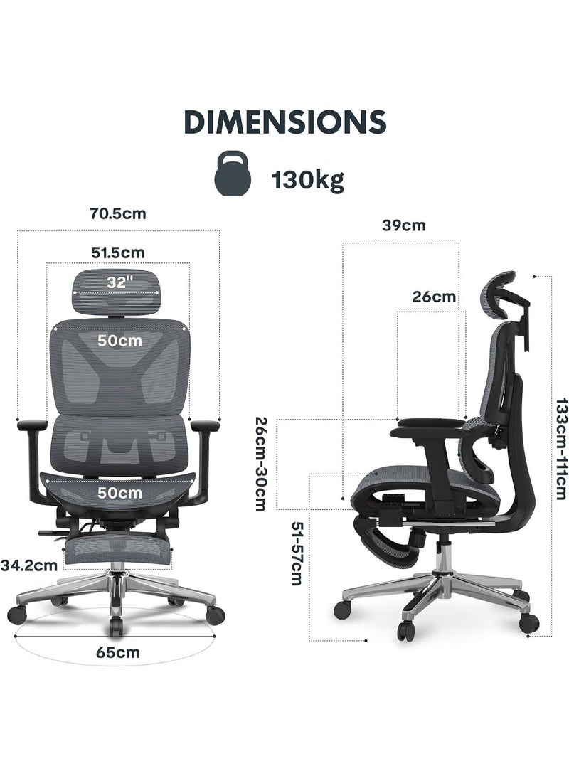 ErgoX Mesh Comfortable Office Chair with Footrest, 3D Headrest, Lumbar Support, 5D Adjustable Backrest, 3D Armrests, Breathable Seat, Gray Casters - Image 4